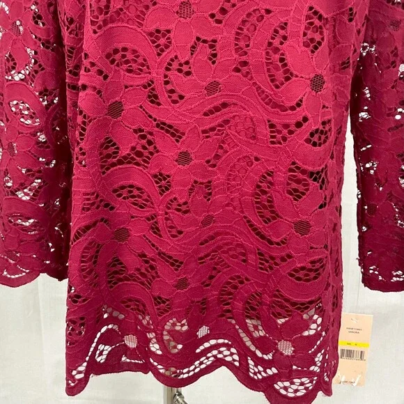Nanette Lepore Burgundy Lace Blouse Top Shirt Sz Med NWT 3/4 Sleeve Lined - Picture 3 of 9